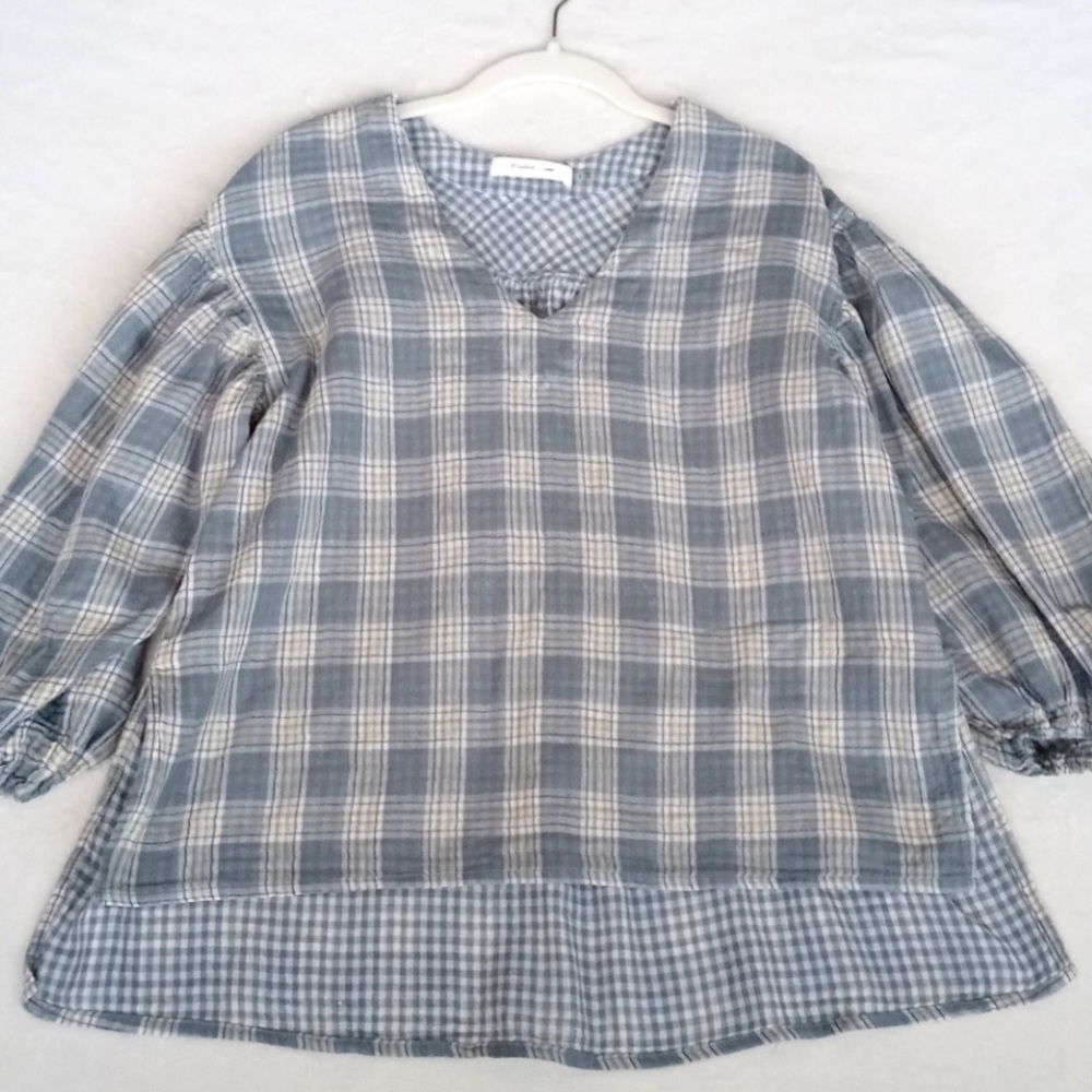 Mustard Seed Women's Blue White Plaid 3/4 Puff Sleeve High Low Blouse S - Picture 7 of 8